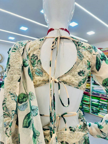 Ready to Wear New White color Ruffle Saree in Georgette with Floral Print and Embroidery