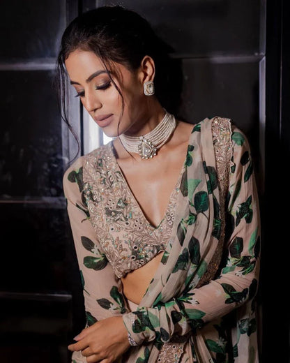 Ready to Wear New White color Ruffle Saree in Georgette with Floral Print and Embroidery