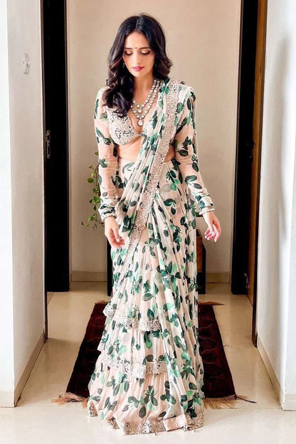 Ready to Wear New White color Ruffle Saree in Georgette with Floral Print and Embroidery