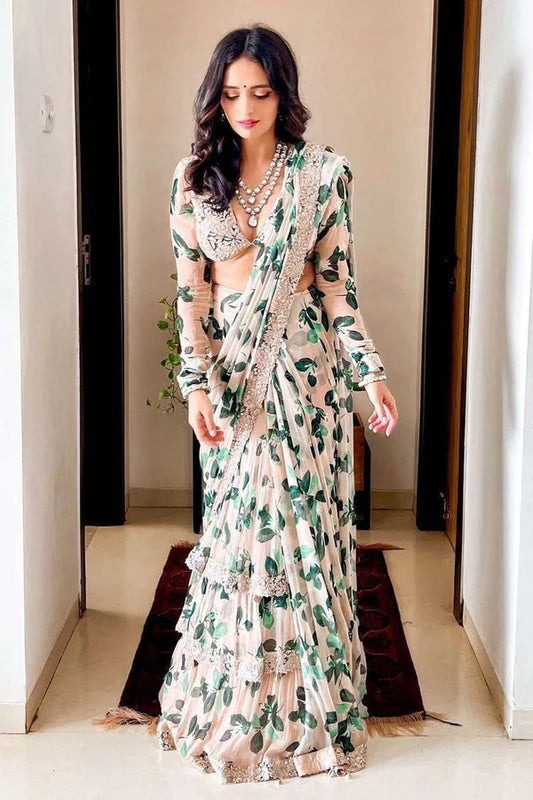 Ready to Wear New White color Ruffle Saree in Georgette with Floral Print and Embroidery