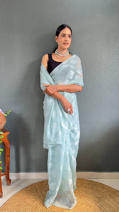 Blue Color 1-Minute Ready To Wear Guchi Silk Saree