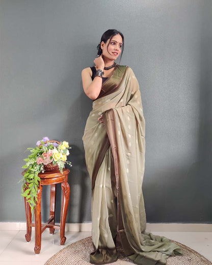 1-Minute Ready To Wear Cream Color Silk Saree With Blouse Piece