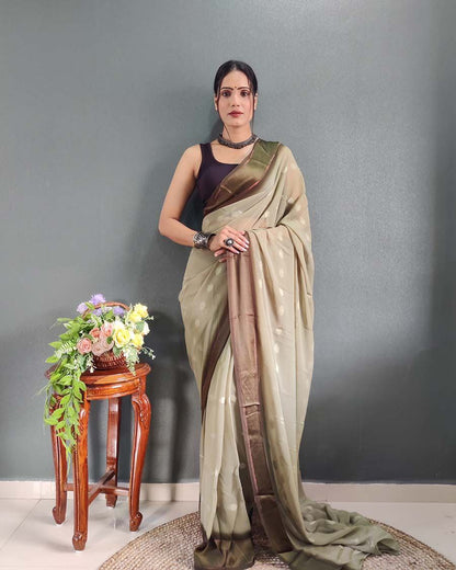 1-Minute Ready To Wear Cream Color Silk Saree With Blouse Piece