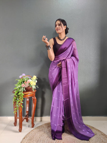 1-Minute Ready To Wear Void Purple Color Silk Saree With Blouse Piece