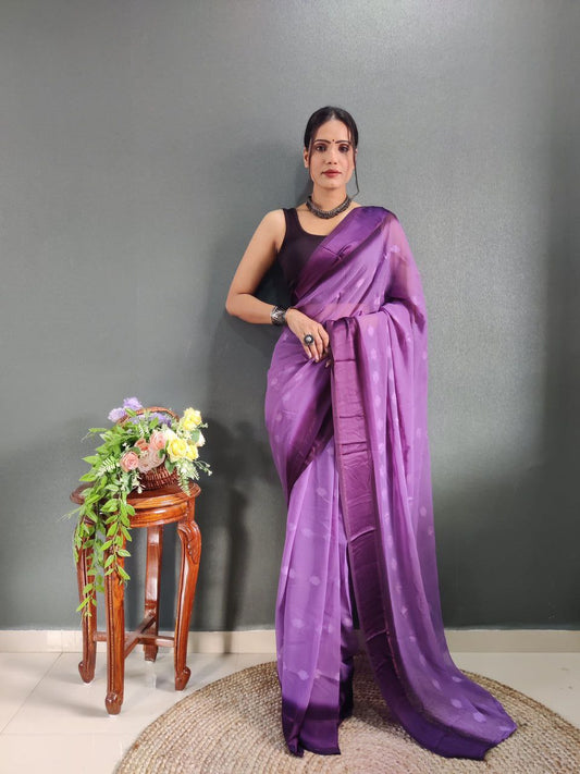 1-Minute Ready To Wear Void Purple Color Silk Saree With Blouse Piece