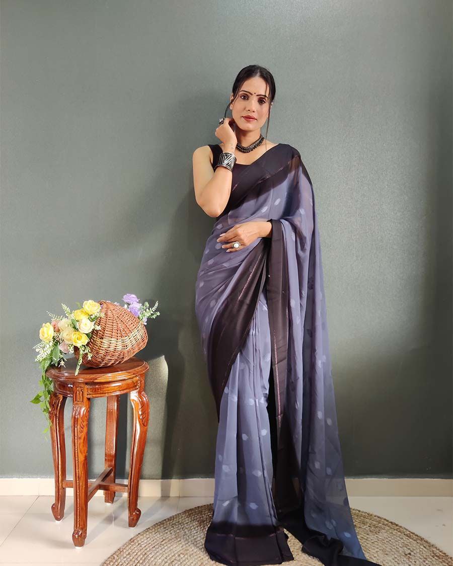 1-Minute Ready To Wear Blue Berry Color Silk Saree With Blouse Piece