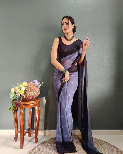 1-Minute Ready To Wear Blue Berry Color Silk Saree With Blouse Piece