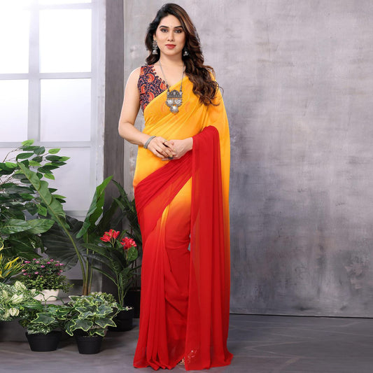 New Red & Orange Color Printed Georgette Ready To Wear Saree