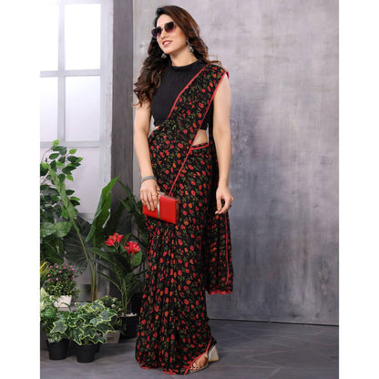 New Black Color Floral Printed Georgette Ready To Wear Saree