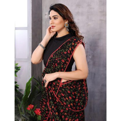 New Black Color Floral Printed Georgette Ready To Wear Saree