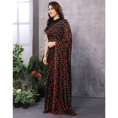 New Black Color Floral Printed Georgette Ready To Wear Saree