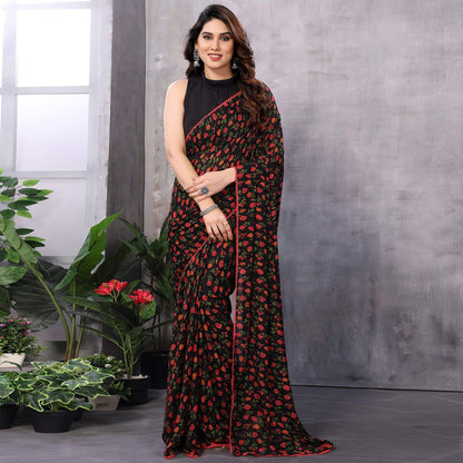 New Black Color Floral Printed Georgette Ready To Wear Saree