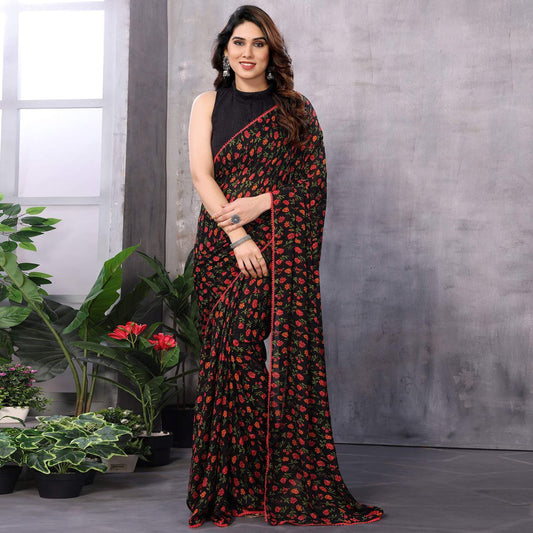 New Black Color Floral Printed Georgette Ready To Wear Saree