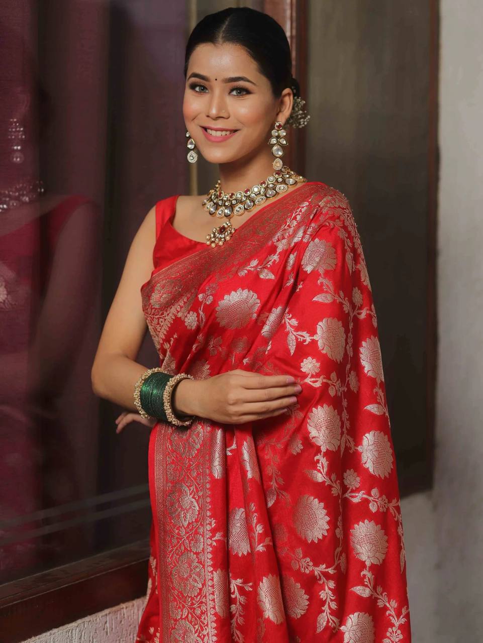 New Banarasi Silk With Silver Zari Work Red Color Saree