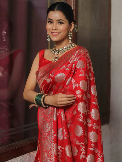 New Banarasi Silk With Silver Zari Work Red Color Saree