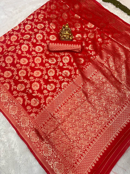 New Banarasi Silk With Silver Zari Work Red Color Saree