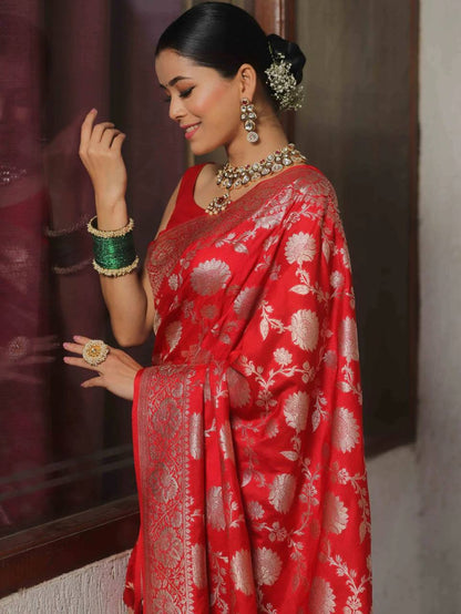 New Banarasi Silk With Silver Zari Work Red Color Saree