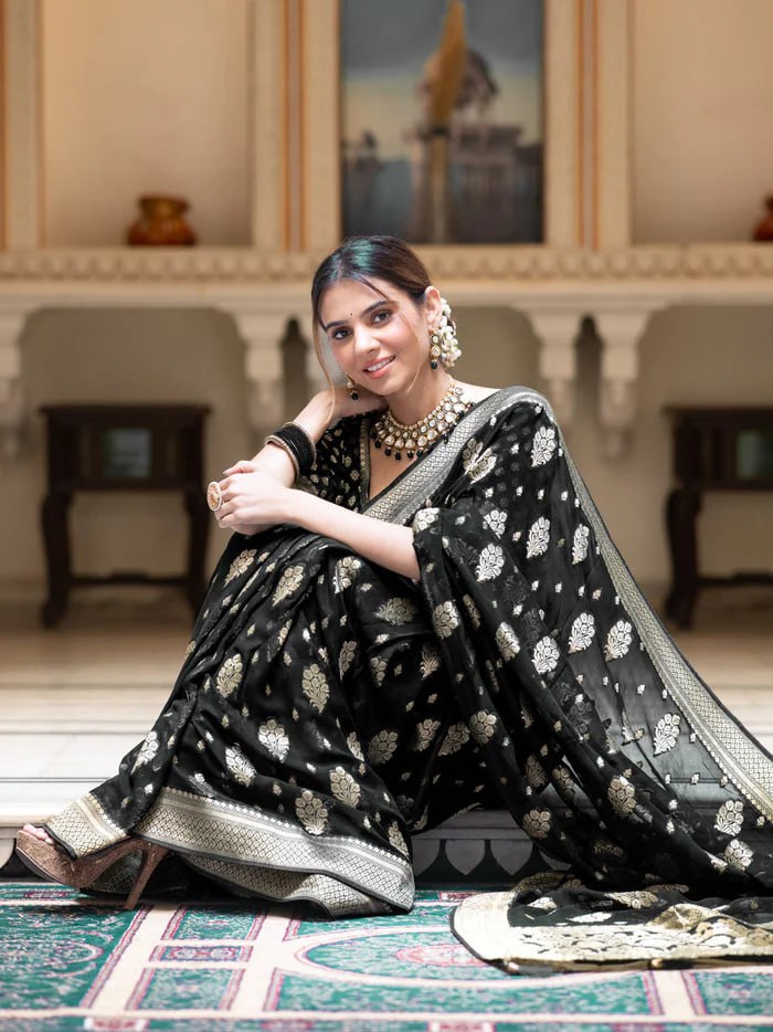 Latest Design Soft Banarasi Silk Black Color Saree with Golden Zari Work