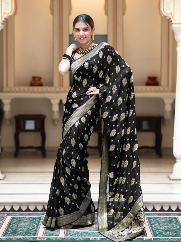 Latest Design Soft Banarasi Silk Black Color Saree with Golden Zari Work