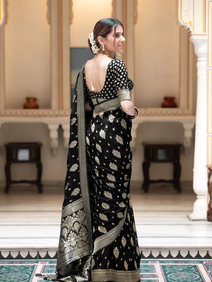 Latest Design Soft Banarasi Silk Black Color Saree with Golden Zari Work