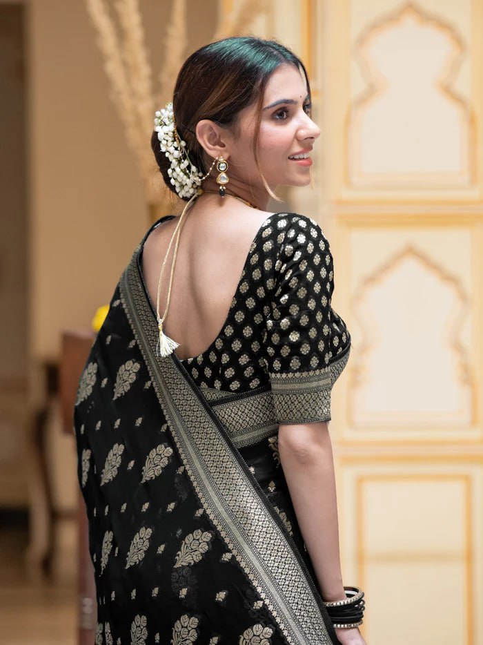 Latest Design Soft Banarasi Silk Black Color Saree with Golden Zari Work