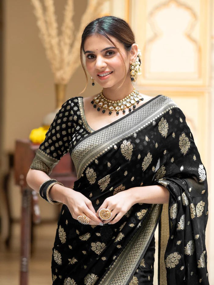 Latest Design Soft Banarasi Silk Black Color Saree with Golden Zari Work