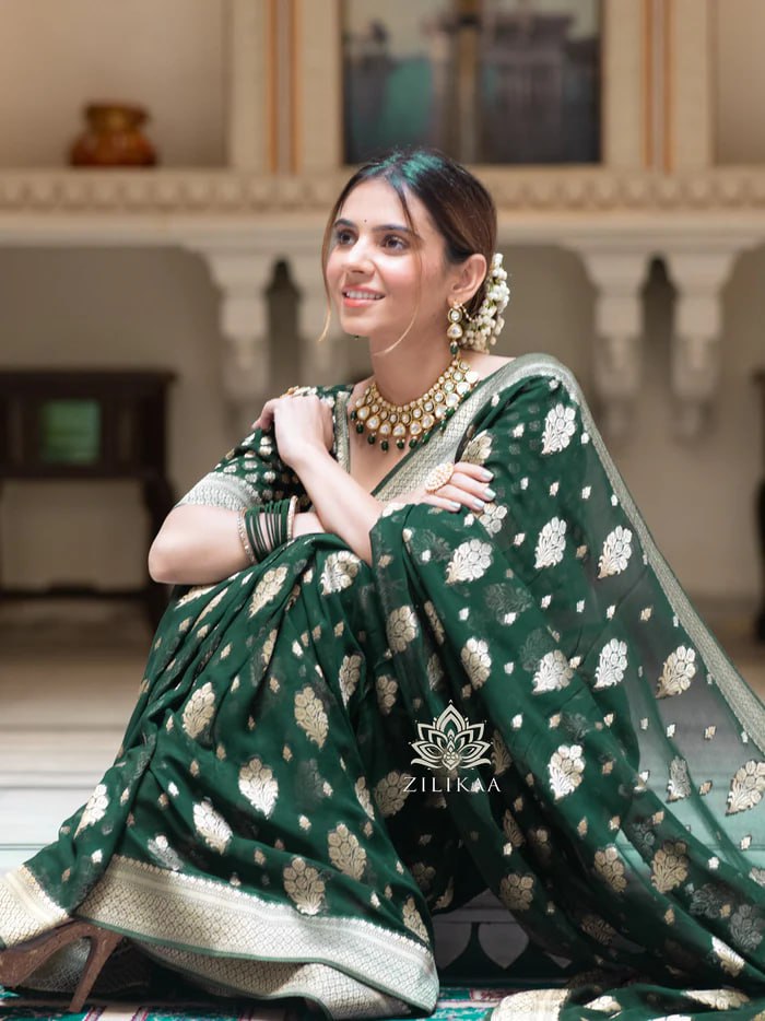 Latest Design Soft Banarasi Silk Calm Green Color Saree with Golden Zari Work