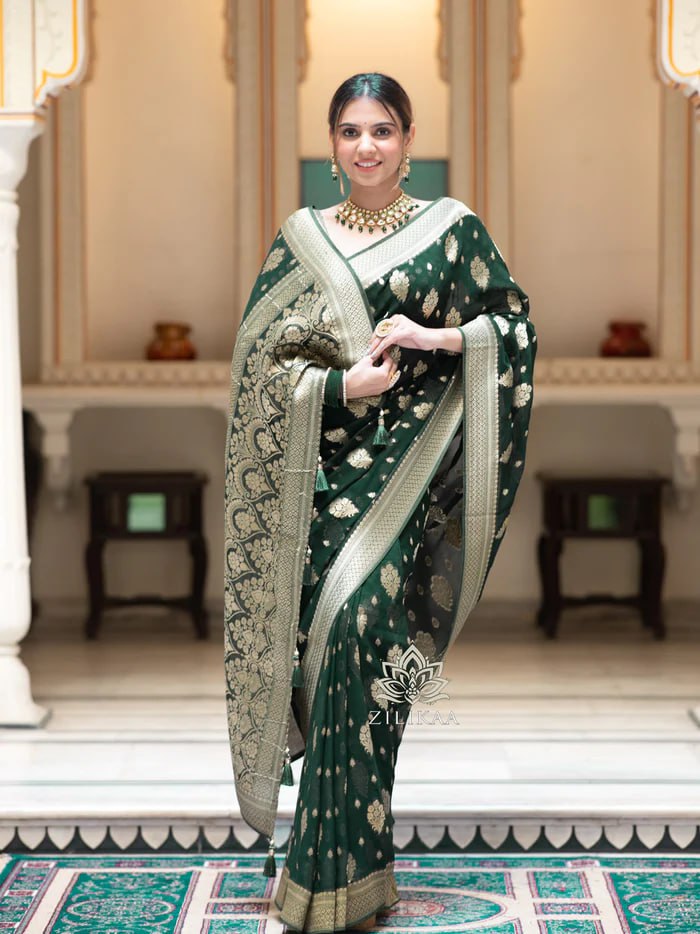 Latest Design Soft Banarasi Silk Calm Green Color Saree with Golden Zari Work