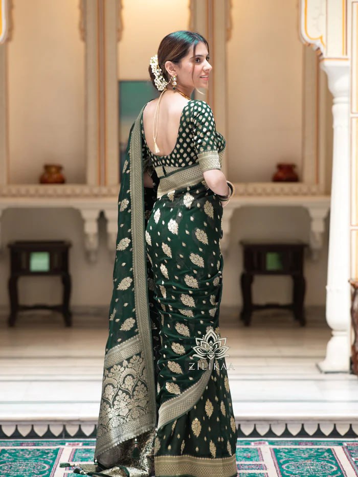 Latest Design Soft Banarasi Silk Calm Green Color Saree with Golden Zari Work