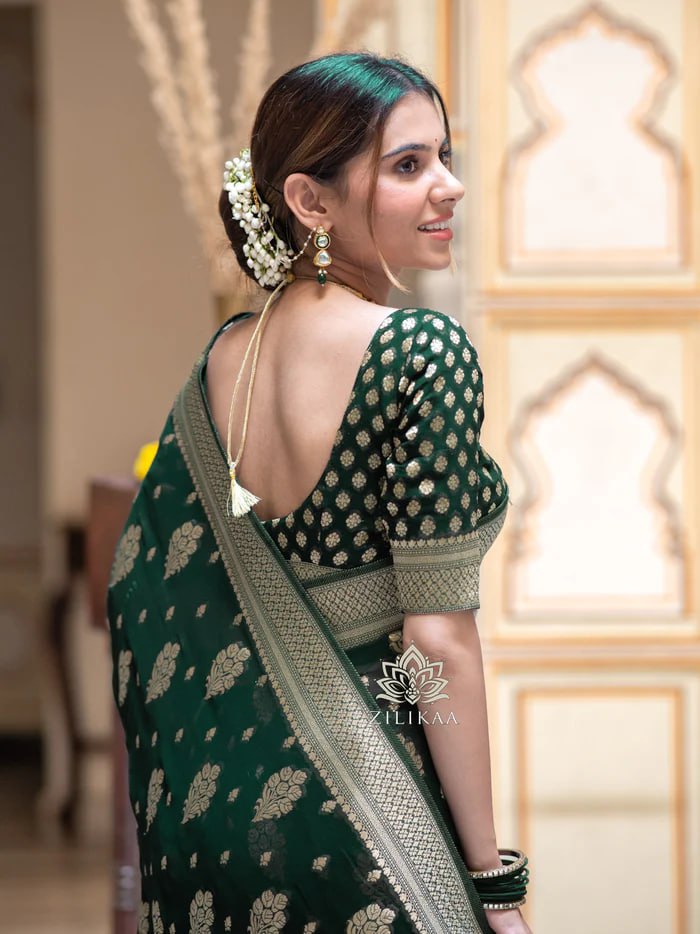 Latest Design Soft Banarasi Silk Calm Green Color Saree with Golden Zari Work
