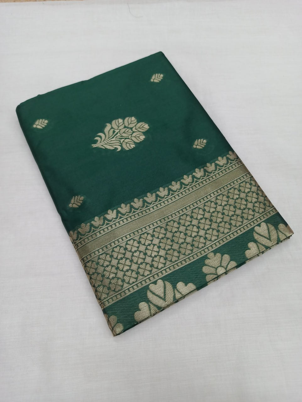 Latest Design Soft Banarasi Silk Calm Green Color Saree with Golden Zari Work