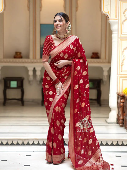 Latest Design Soft Banarasi Silk Red Color Saree with Golden Zari Work