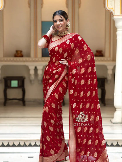 Latest Design Soft Banarasi Silk Red Color Saree with Golden Zari Work