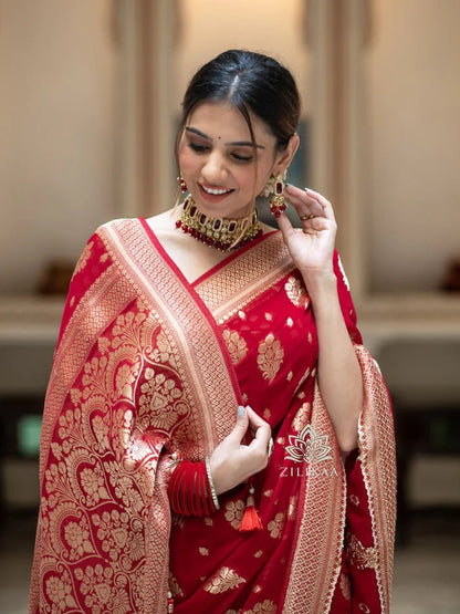Latest Design Soft Banarasi Silk Red Color Saree with Golden Zari Work