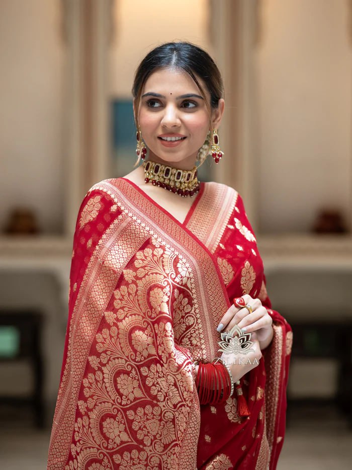 Latest Design Soft Banarasi Silk Red Color Saree with Golden Zari Work