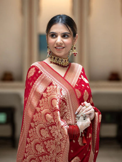 Latest Design Soft Banarasi Silk Red Color Saree with Golden Zari Work