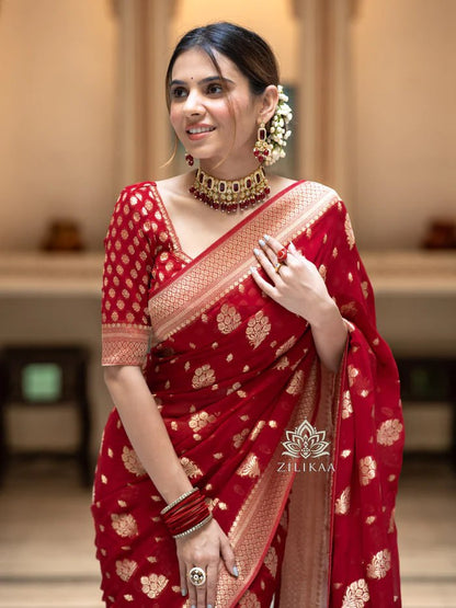 Latest Design Soft Banarasi Silk Red Color Saree with Golden Zari Work