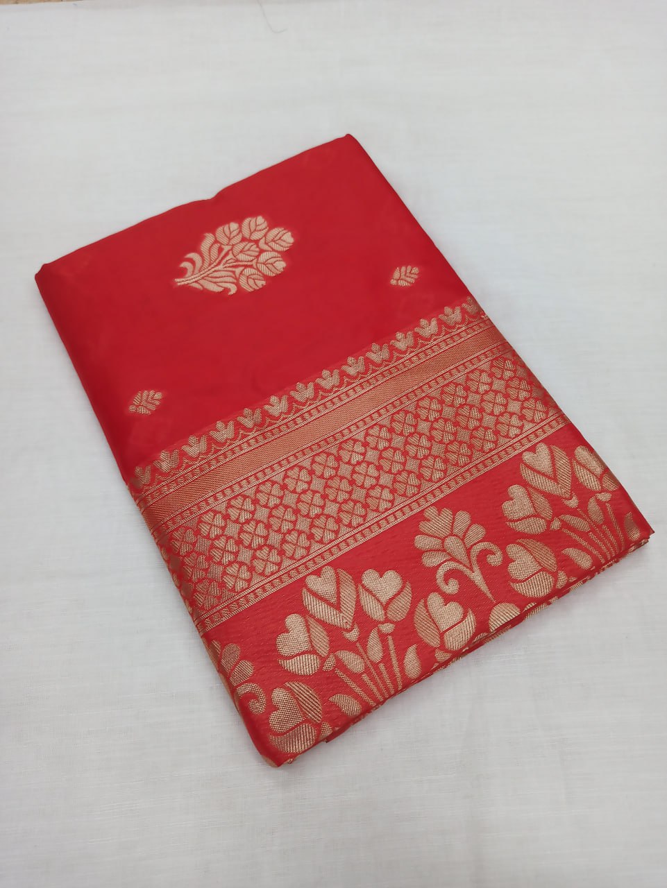 Latest Design Soft Banarasi Silk Red Color Saree with Golden Zari Work