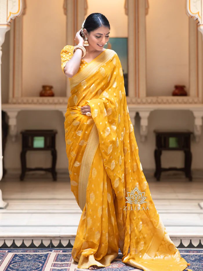 Latest Design Soft Banarasi Silk Yellow Color Saree with Golden Zari Work