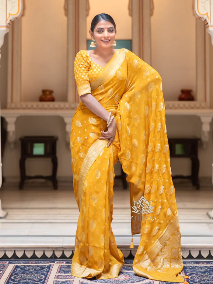 Latest Design Soft Banarasi Silk Yellow Color Saree with Golden Zari Work