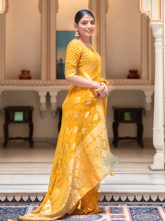 Latest Design Soft Banarasi Silk Yellow Color Saree with Golden Zari Work
