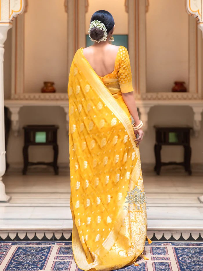 Latest Design Soft Banarasi Silk Yellow Color Saree with Golden Zari Work