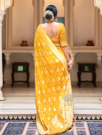 Latest Design Soft Banarasi Silk Yellow Color Saree with Golden Zari Work