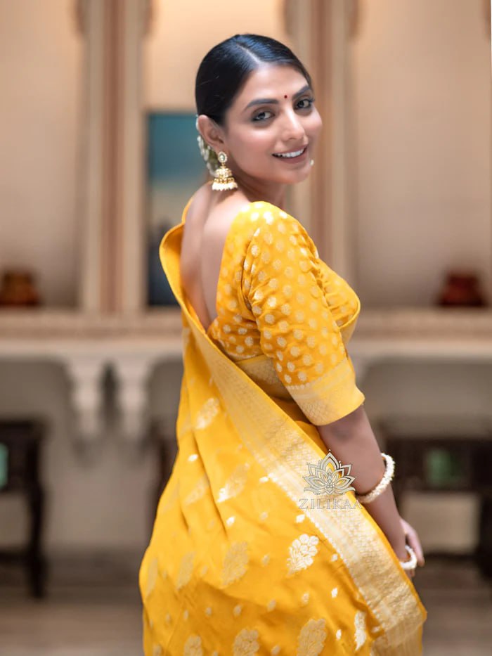 Latest Design Soft Banarasi Silk Yellow Color Saree with Golden Zari Work