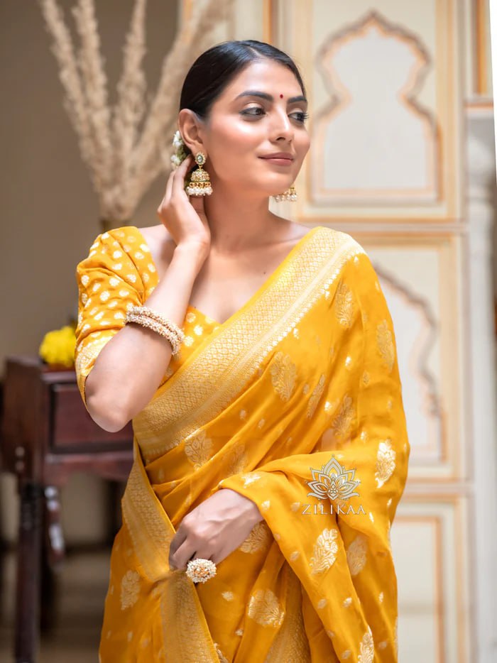 Latest Design Soft Banarasi Silk Yellow Color Saree with Golden Zari Work