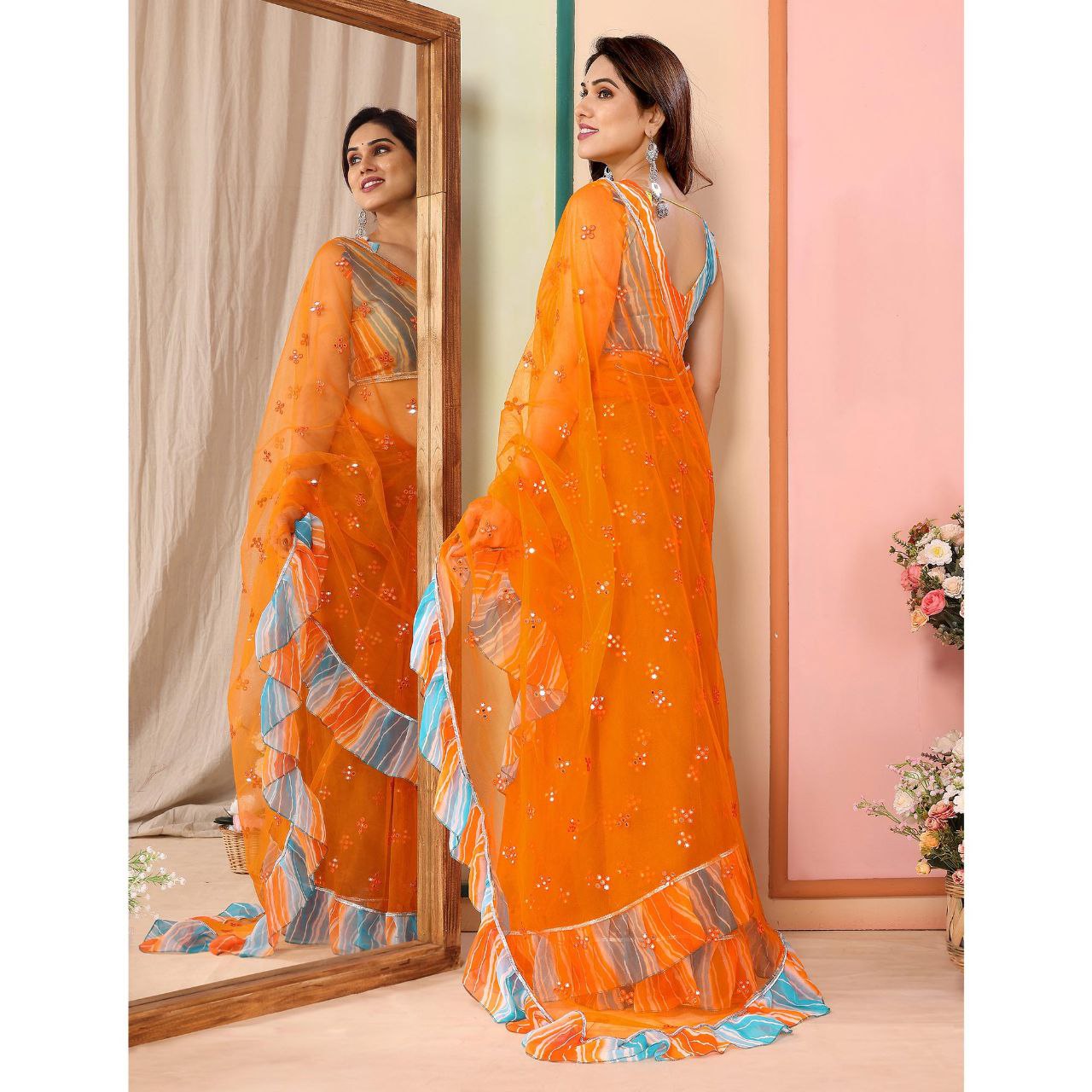 New Orange Color Mirror Work Embroidered Net Ruffle Saree With Unstiched Blouse