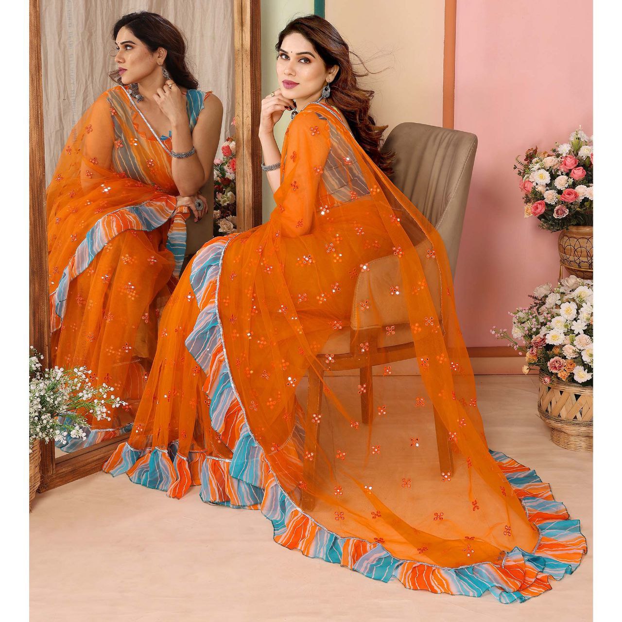 New Orange Color Mirror Work Embroidered Net Ruffle Saree With Unstiched Blouse