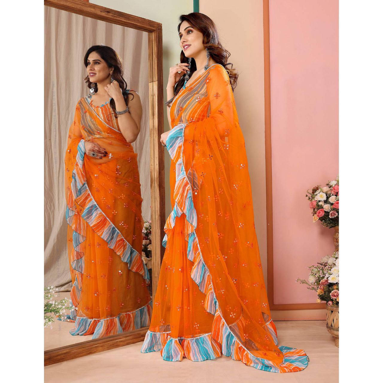 New Orange Color Mirror Work Embroidered Net Ruffle Saree With Unstiched Blouse