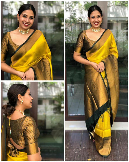Yellow Soft Silk Saree With Gossamer Blouse Piece