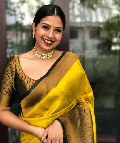 Yellow Soft Silk Saree With Gossamer Blouse Piece